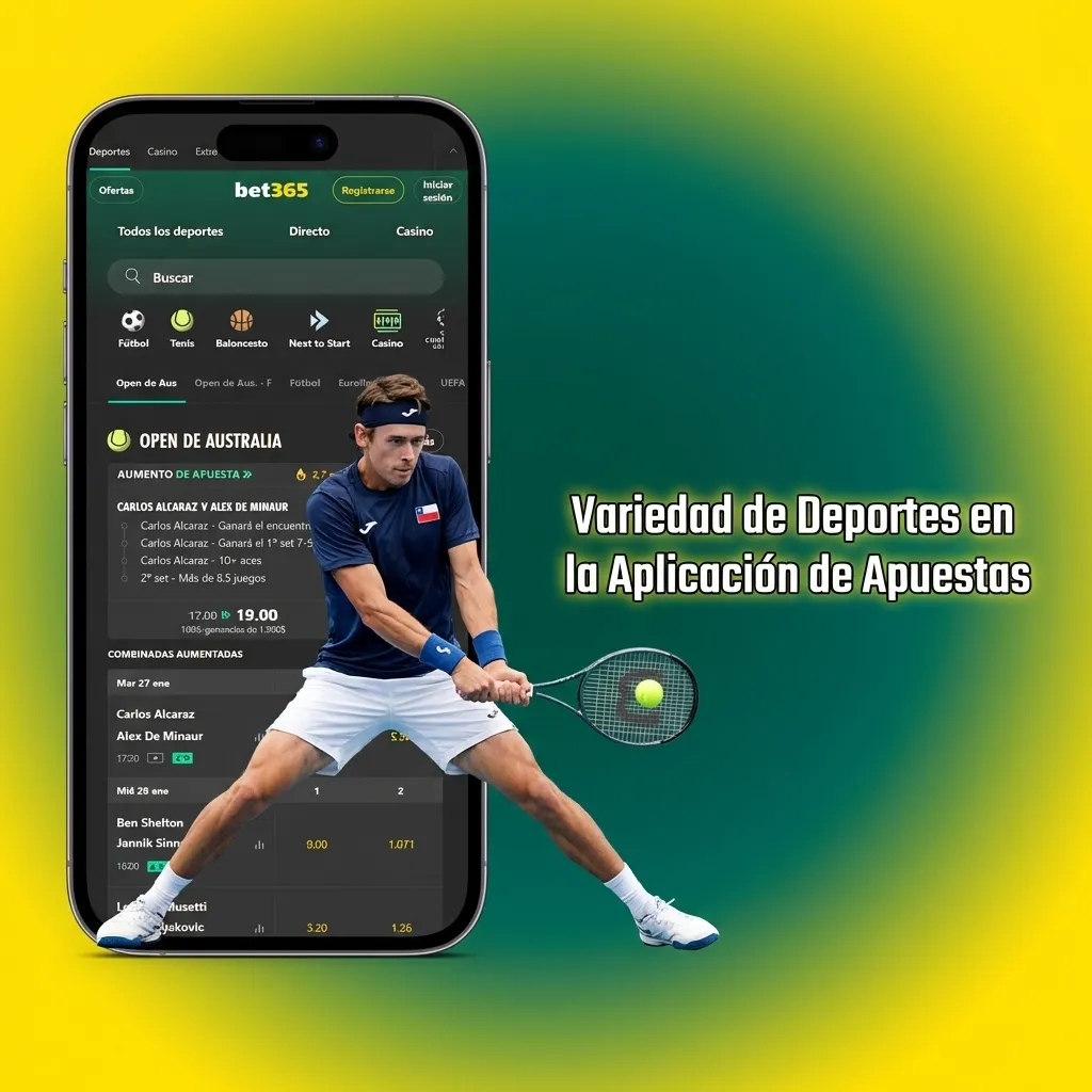 Aplicación de apuestas deportivas mostrando múltiples opciones: fútbol, tenis, baloncesto, eSports y más disciplinas