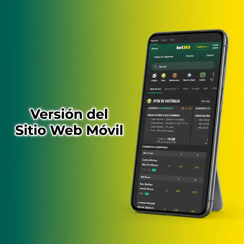 Pantalla de smartphone mostrando sitio web móvil optimizado con opciones de apuestas deportivas y casino