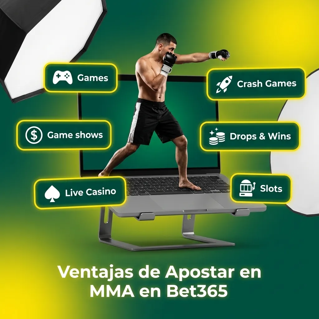 Logotipo de Bet365 con íconos de MMA mostrando opciones de apuestas en vivo y cuotas competitivas para artes marciales mixtas